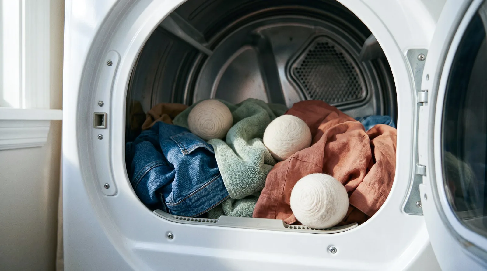 Wool dryer balls inside a dryer drum